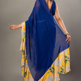 Blue and yellow ruffle saree set — back view showing pallu and blouse, Anvi Couture - Back