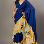 Blue and yellow ruffle saree set — side drape view showing ruffle layers - Front 1