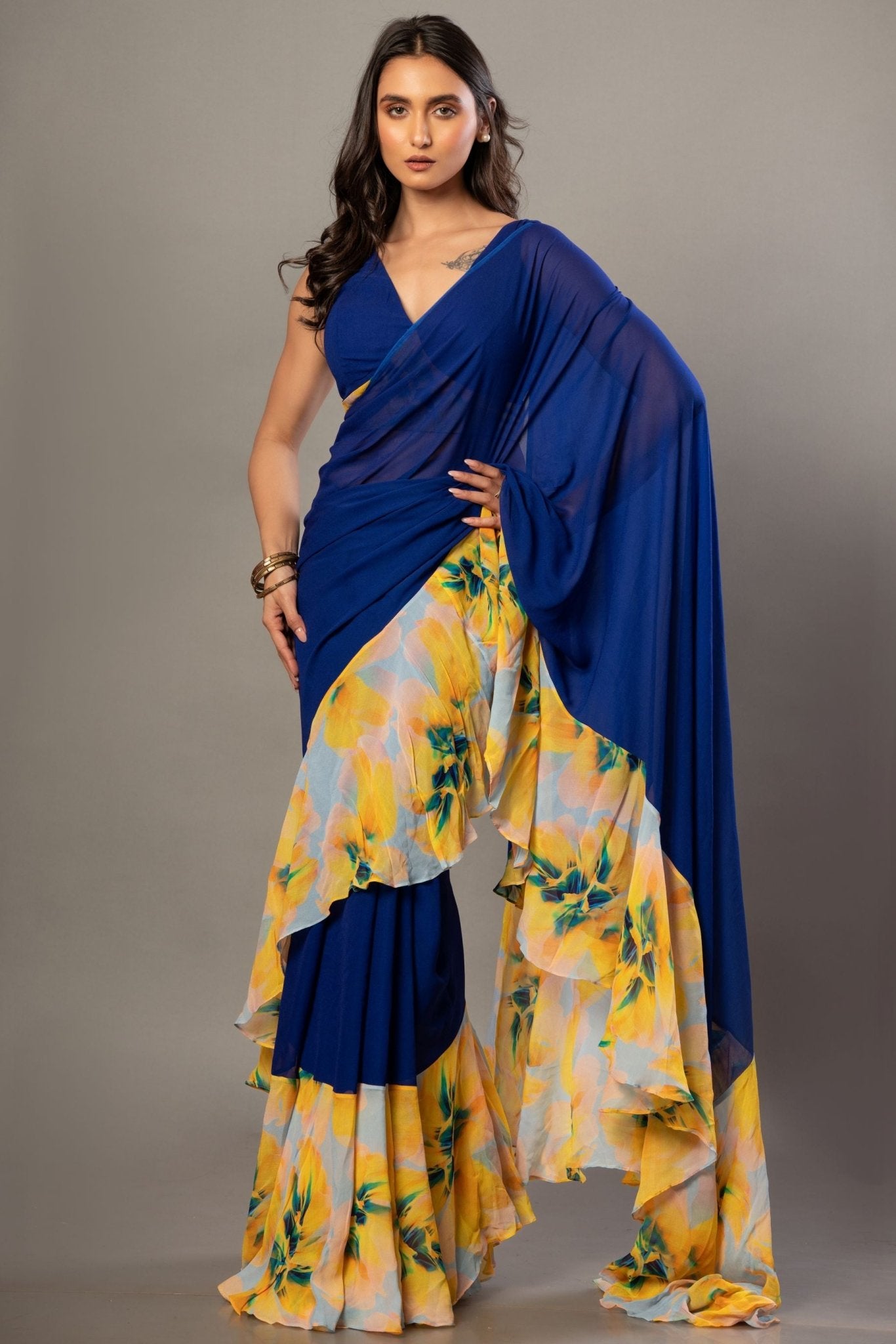 Blue and yellow ruffle saree set — side drape view showing ruffle layers - Front 1
