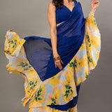 Blue and yellow ruffle saree set — side drape view showing ruffle layers  - Front 2