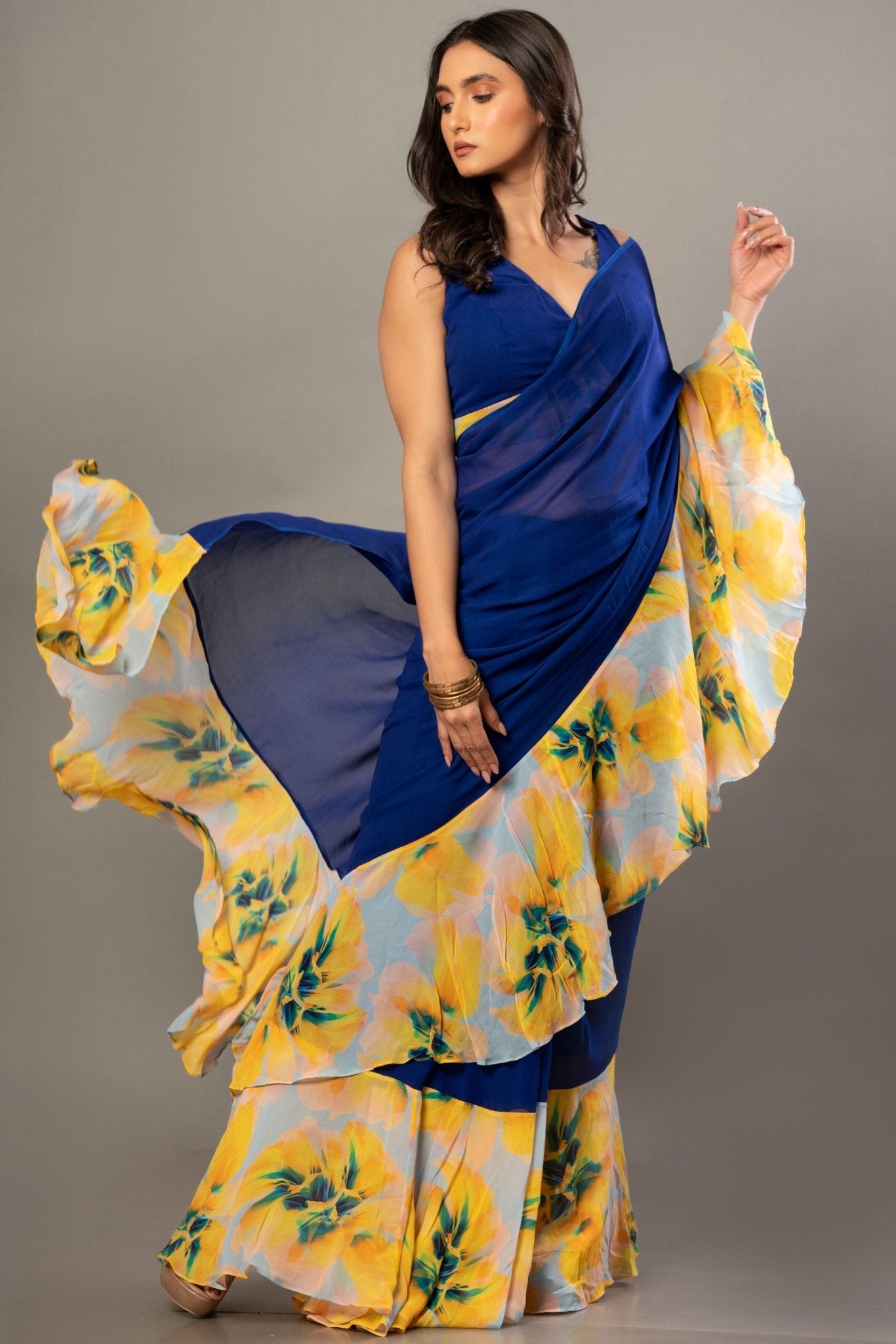 Blue and yellow ruffle saree set — side drape view showing ruffle layers  - Front 2