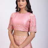 Blush Pink Banarasi Hand Embroidered Lehenga Set close up
