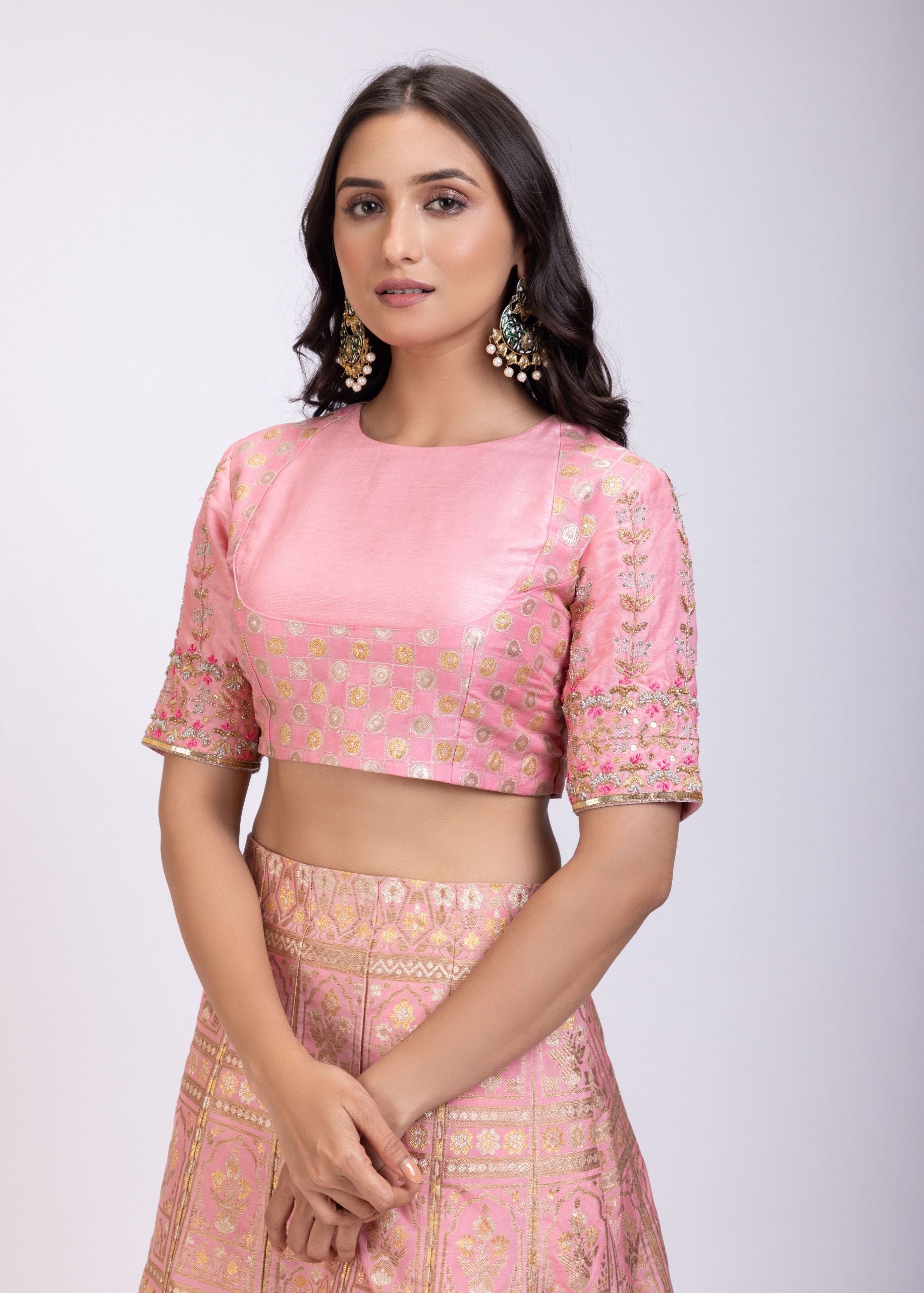 Blush Pink Banarasi Hand Embroidered Lehenga Set close up