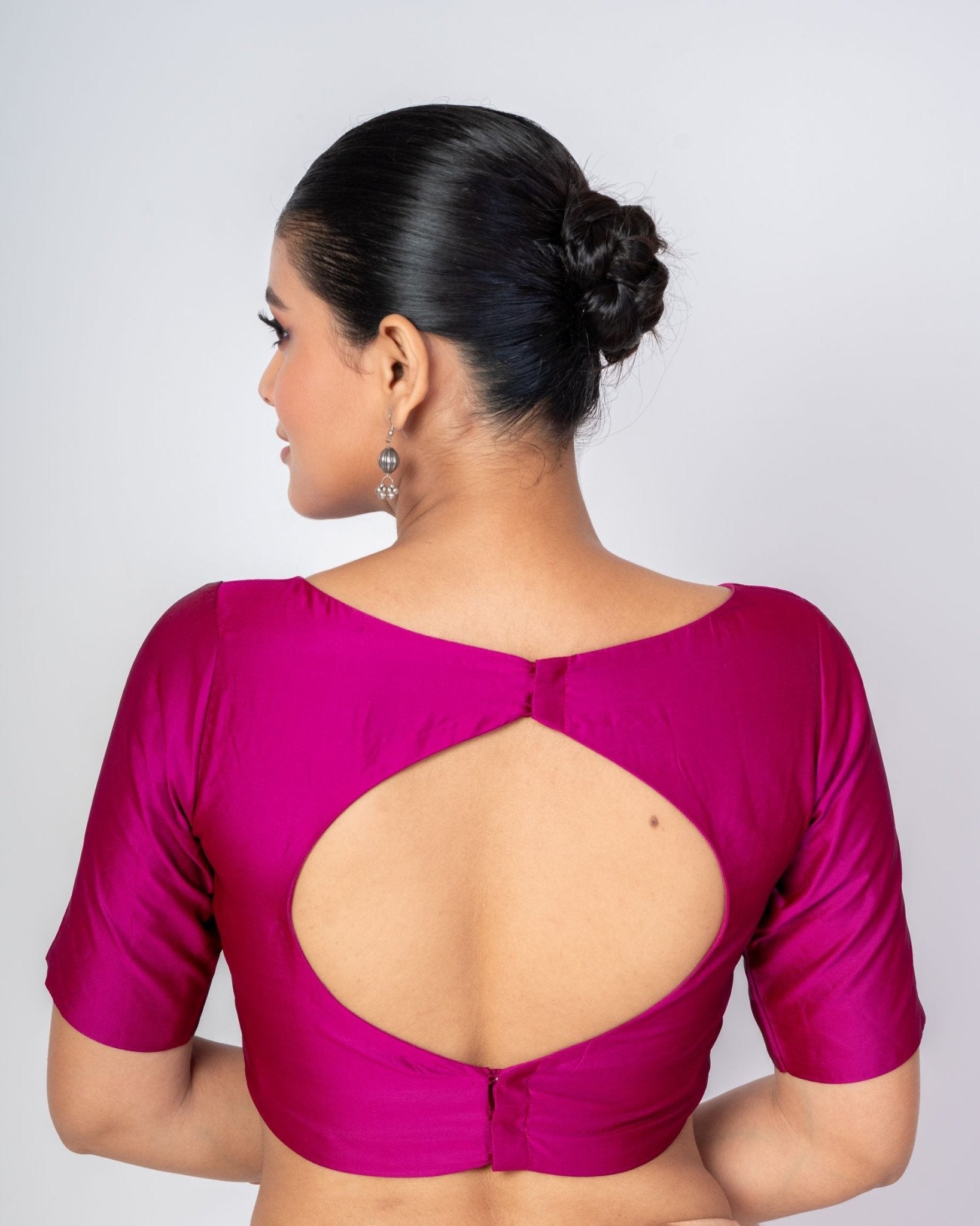 Magenta Boat Neck Silk Blouse with Round Back Closure & Elbow Sleeves - Anvi Couture