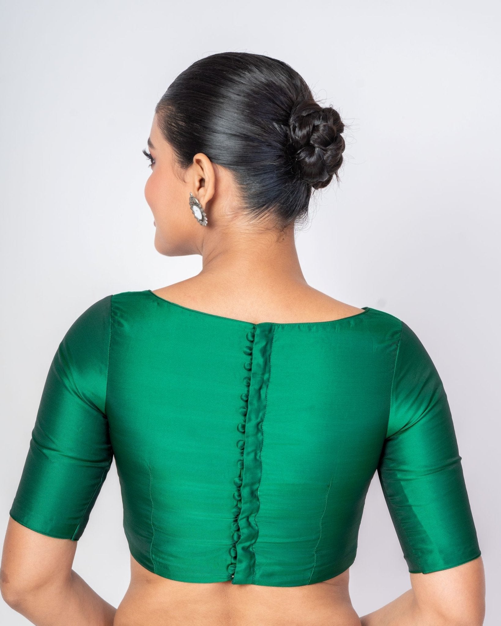 Bottle Green Boat Neck Pure Silk Blouse with Button Hook Closer - Anvi Couture