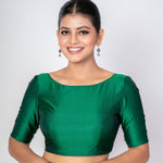 Bottle Green Boat Neck Pure Silk Blouse with Button Hook Closer - Anvi Couture