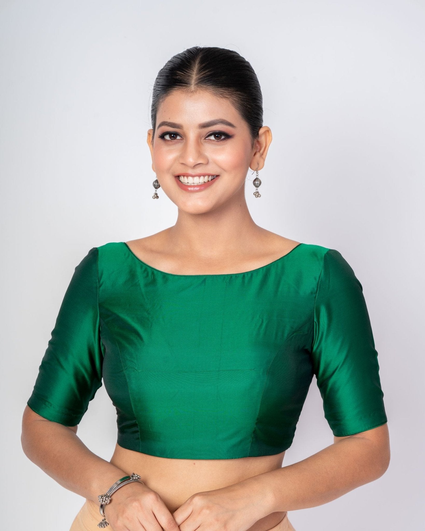 Bottle Green Boat Neck Pure Silk Blouse with Button Hook Closer - Anvi Couture