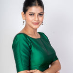 Bottle Green Boat Neck Pure Silk Blouse with Button Hook Closer - Anvi Couture