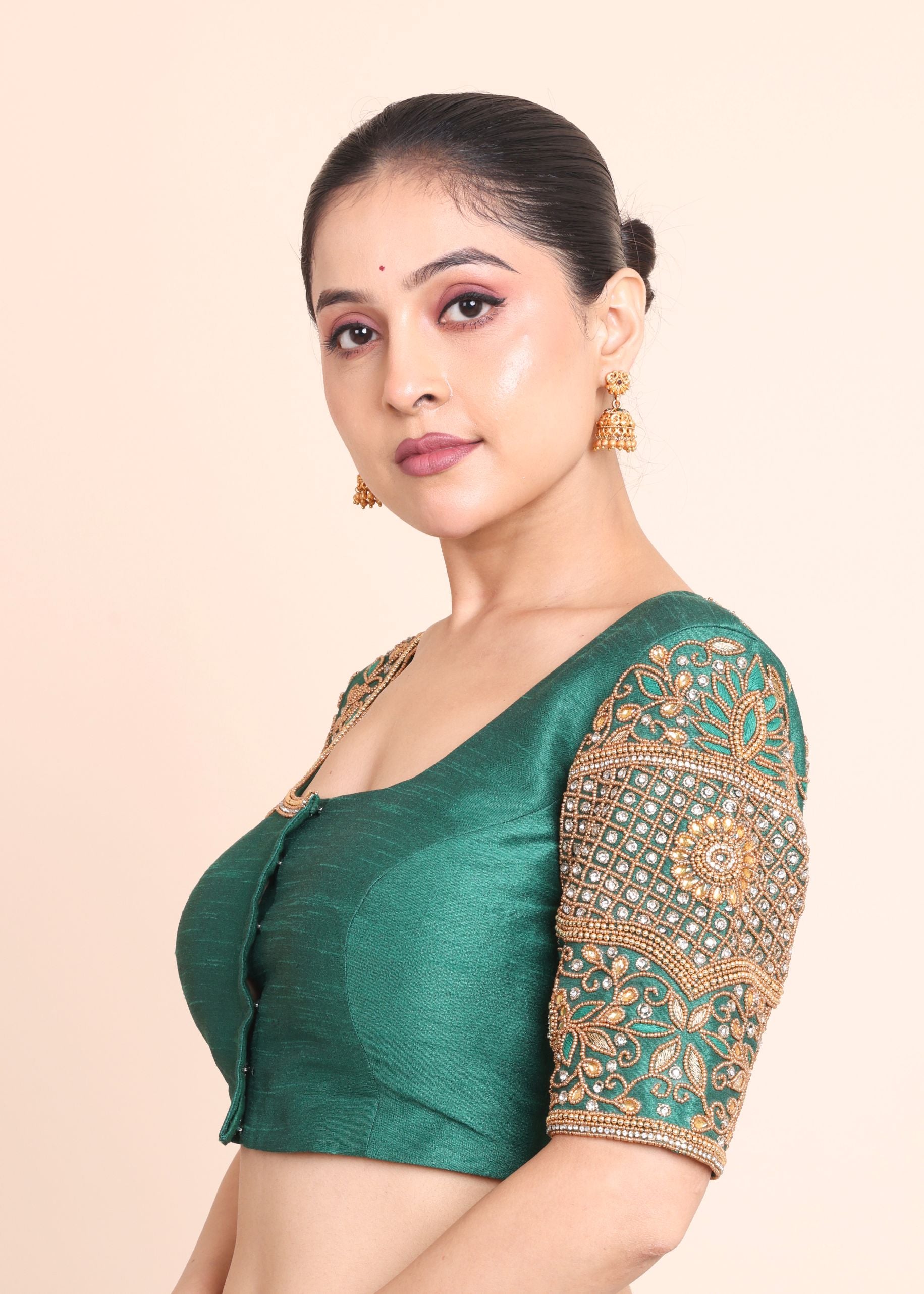 Bottle Green Bridal Blouse With Aari Embroidered Work front