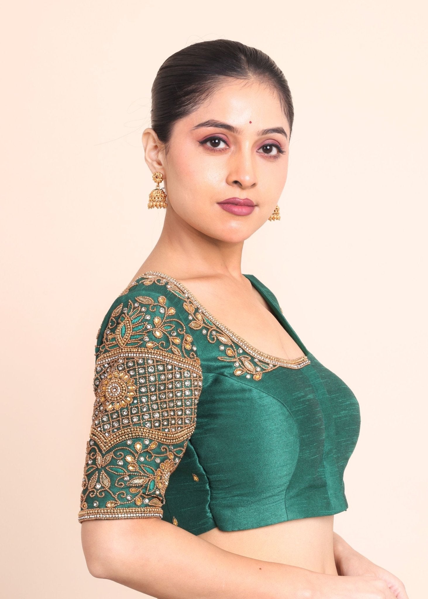 Bottle Green Bridal Blouse With Aari Embroidered Work - Anvi Couture