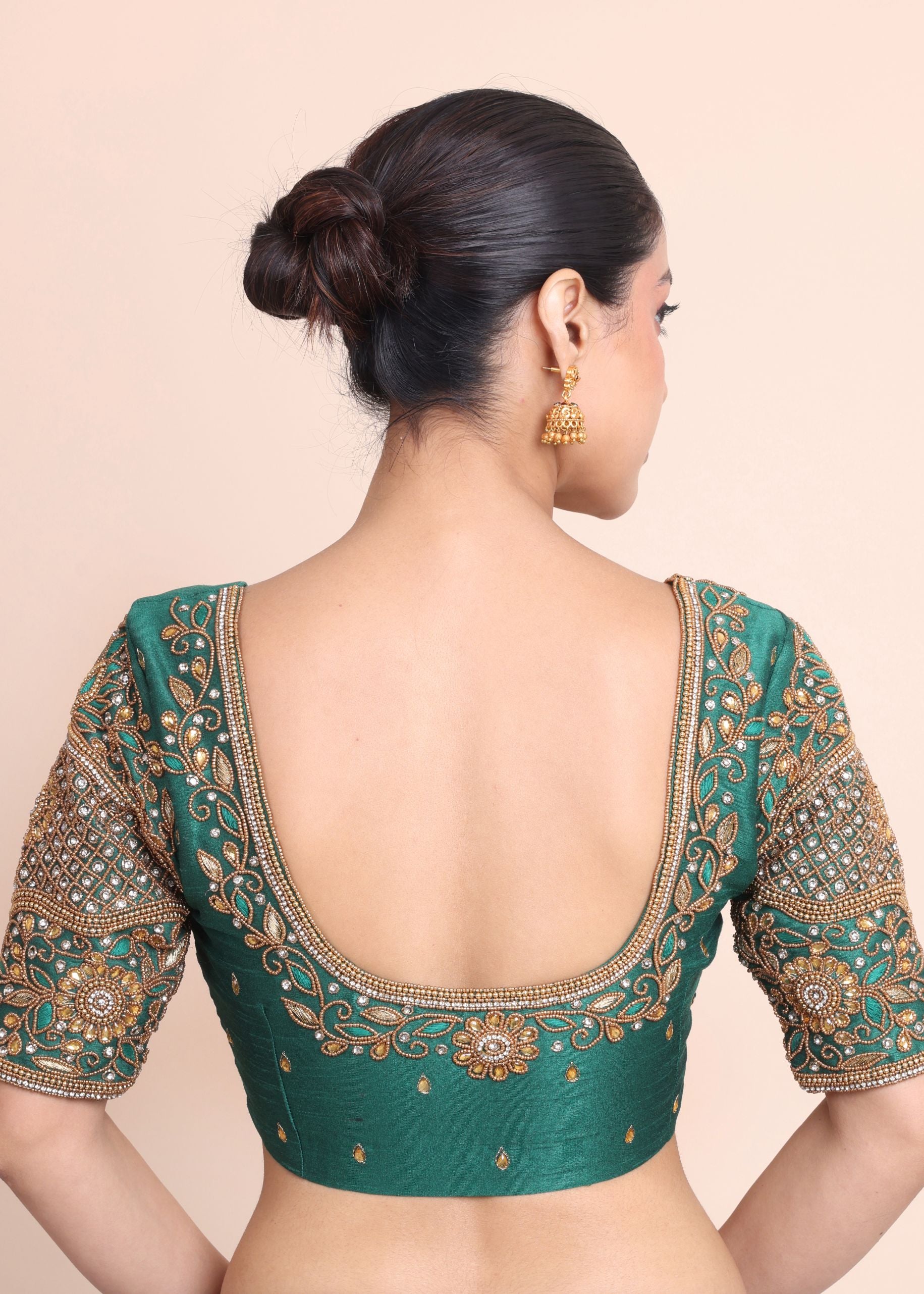 Bottle Green Bridal Blouse With Aari Embroidered Work back