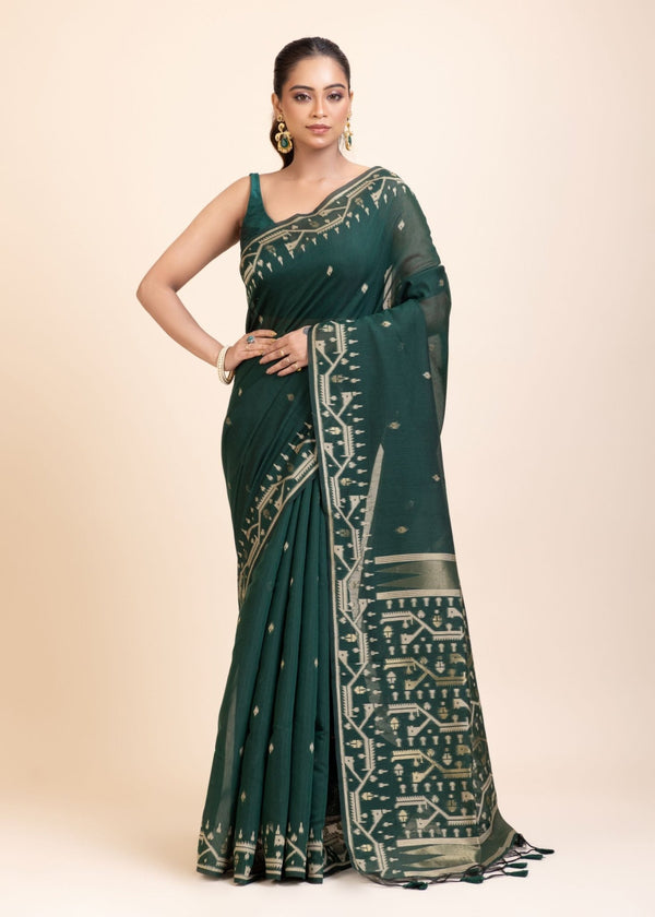 Bottle Green Cotton Jamdani Saree - Anvi Couture