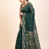 Bottle Green Cotton Jamdani Saree - Anvi Couture