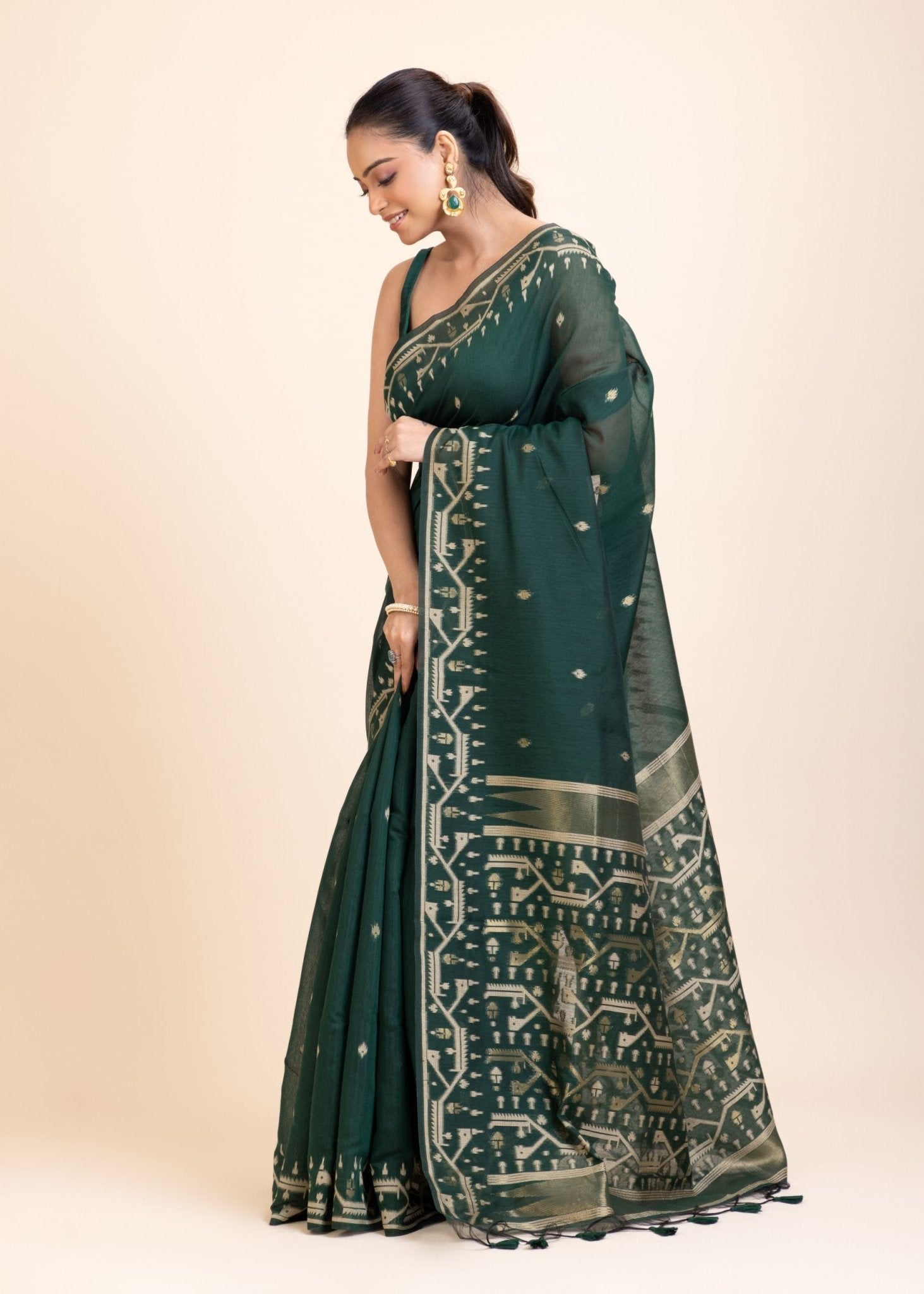 Bottle Green Cotton Jamdani Saree - Anvi Couture