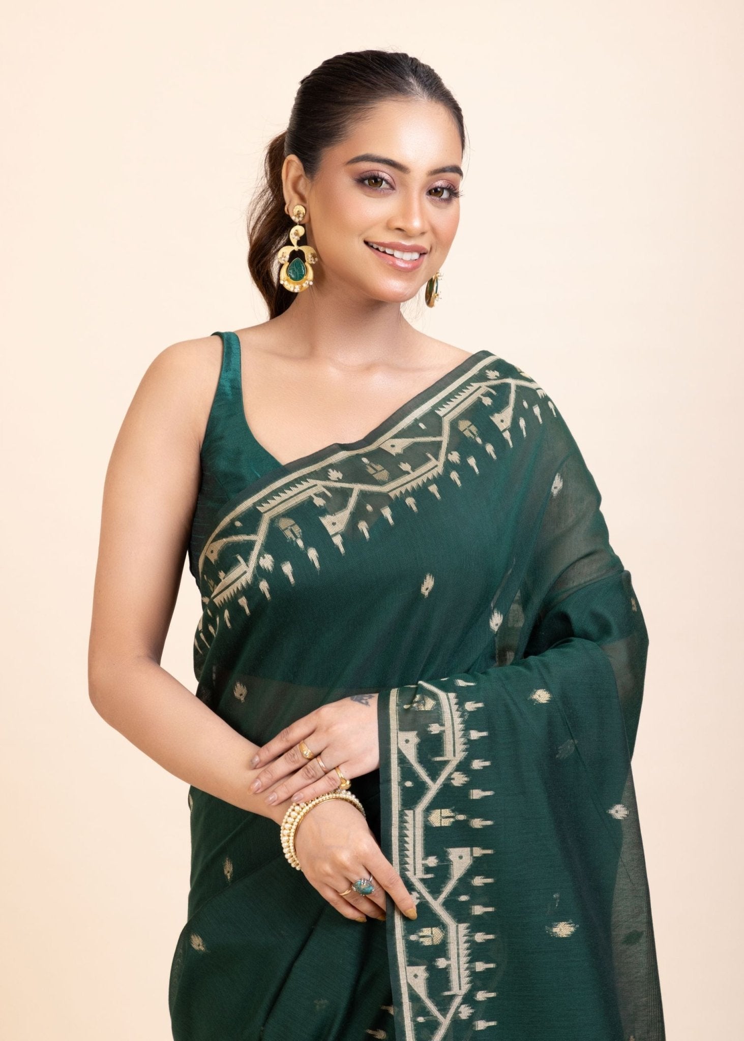 Bottle Green Cotton Jamdani Saree - Anvi Couture