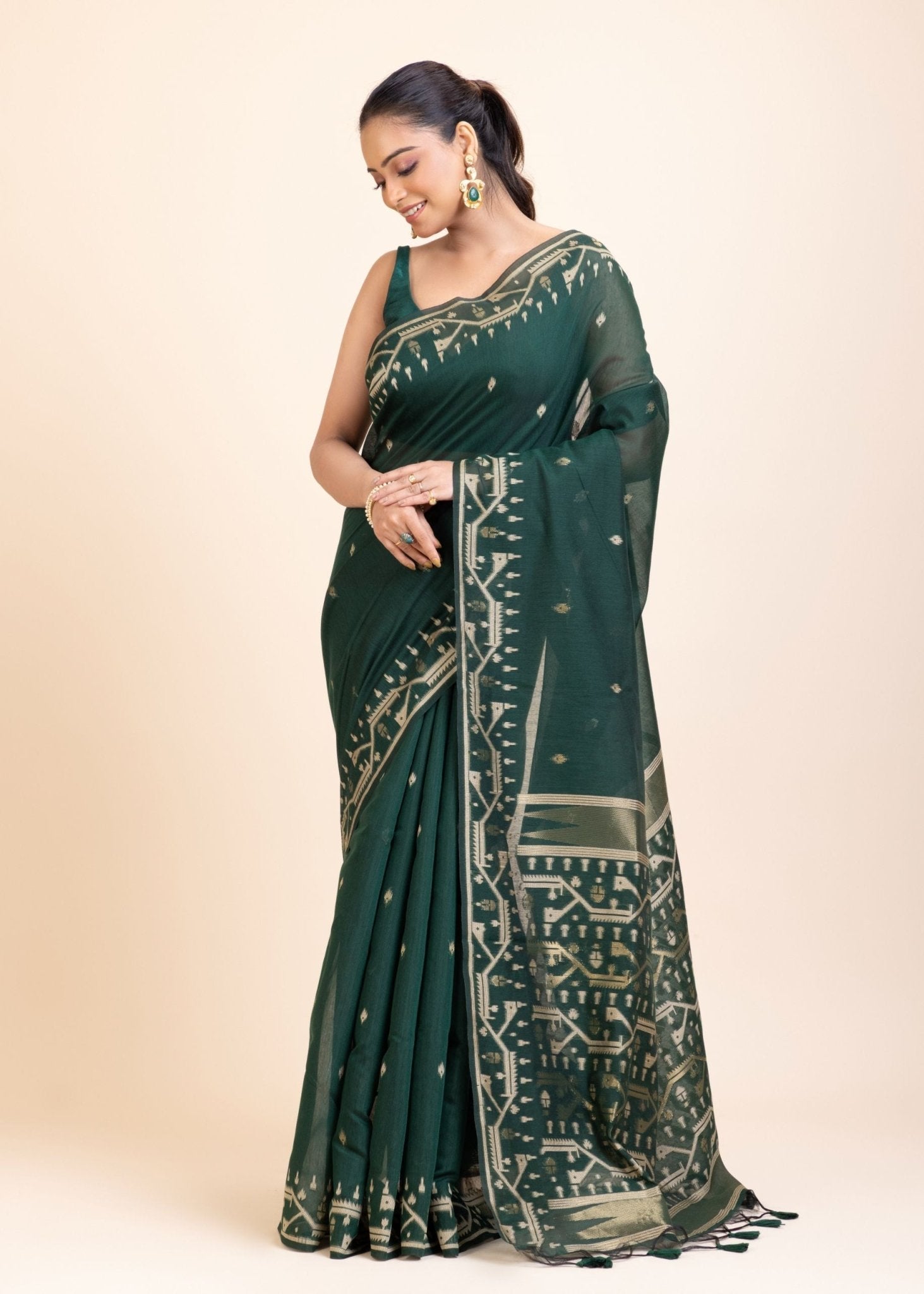 Bottle Green Cotton Jamdani Saree - Anvi Couture