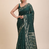 Bottle Green Cotton Jamdani Saree Full
