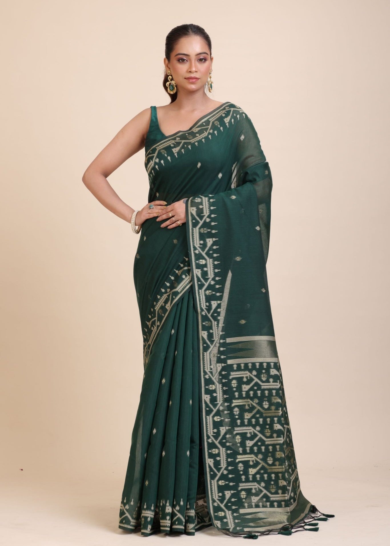 Bottle Green Cotton Jamdani Saree - Anvi Couture