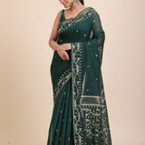 Bottle Green Cotton Jamdani Saree Front
