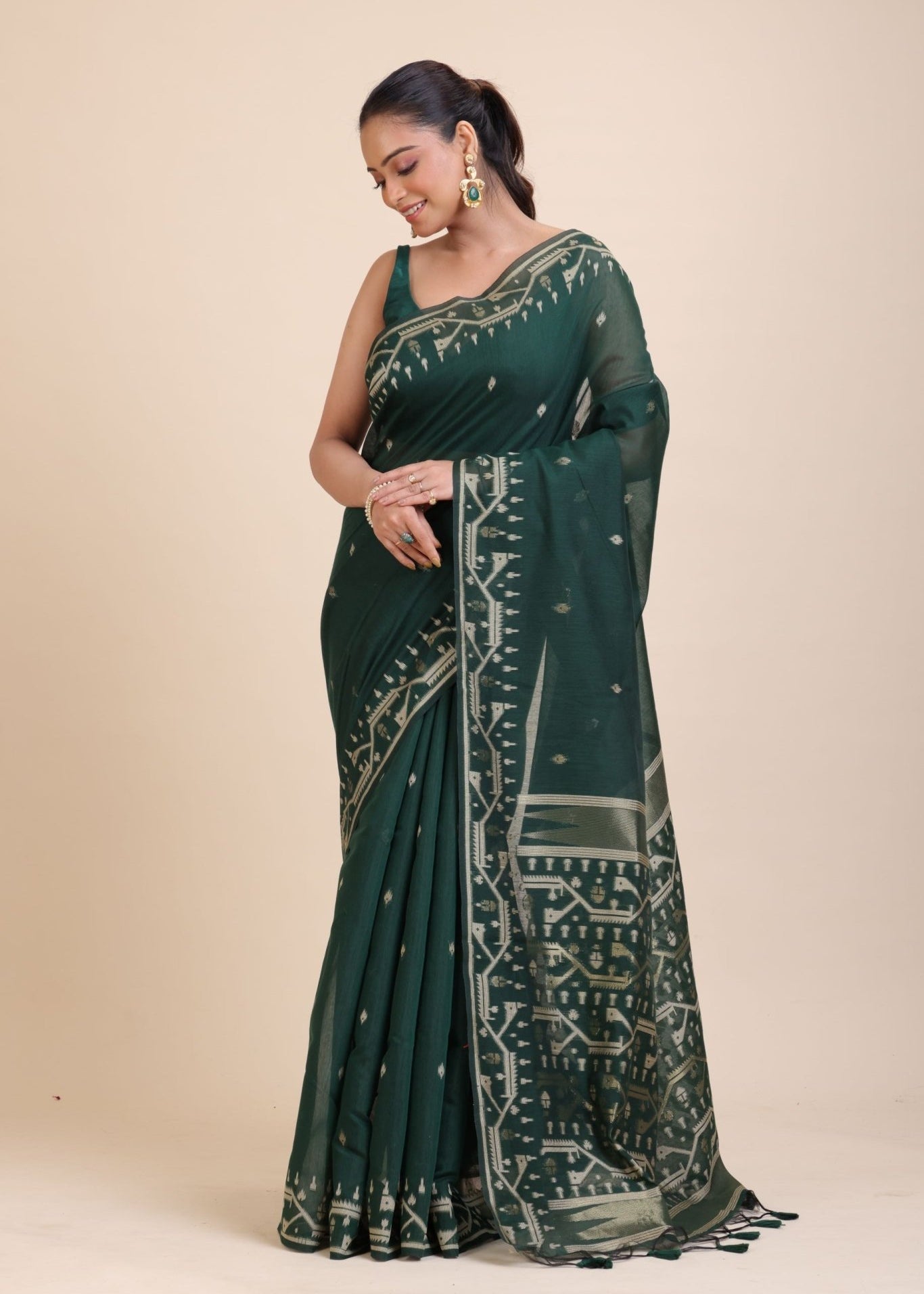Bottle Green Cotton Jamdani Saree - Anvi Couture