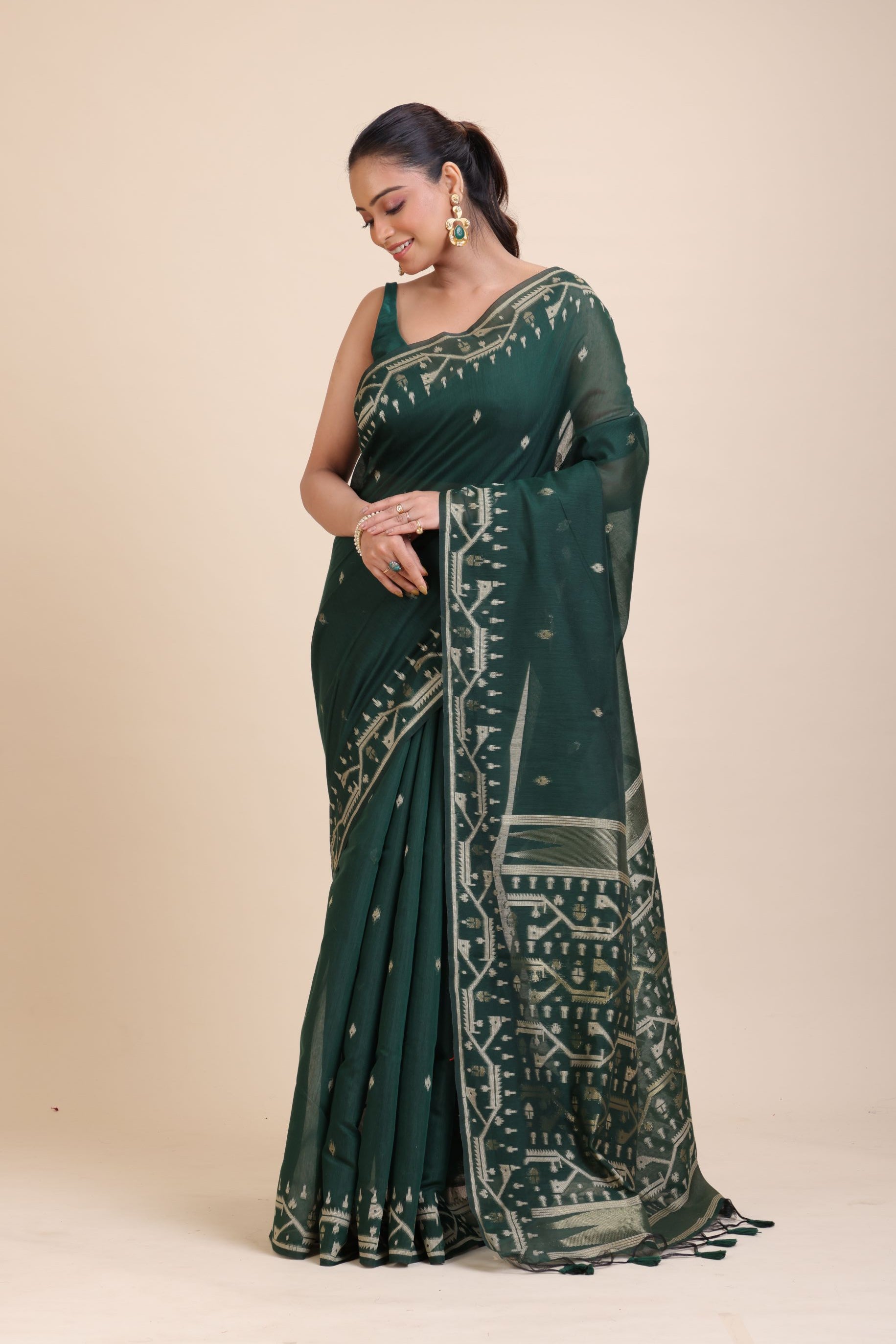 Bottle Green Cotton Jamdani Saree Front
