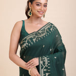 Bottle Green Cotton Jamdani Saree Close Up

