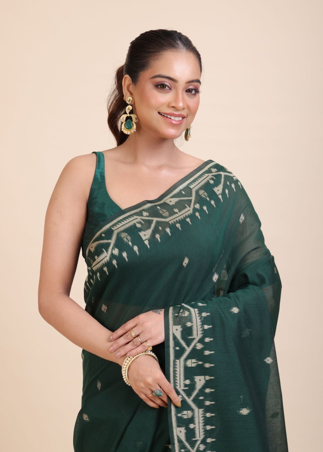 Bottle Green Cotton Jamdani Saree - Anvi Couture