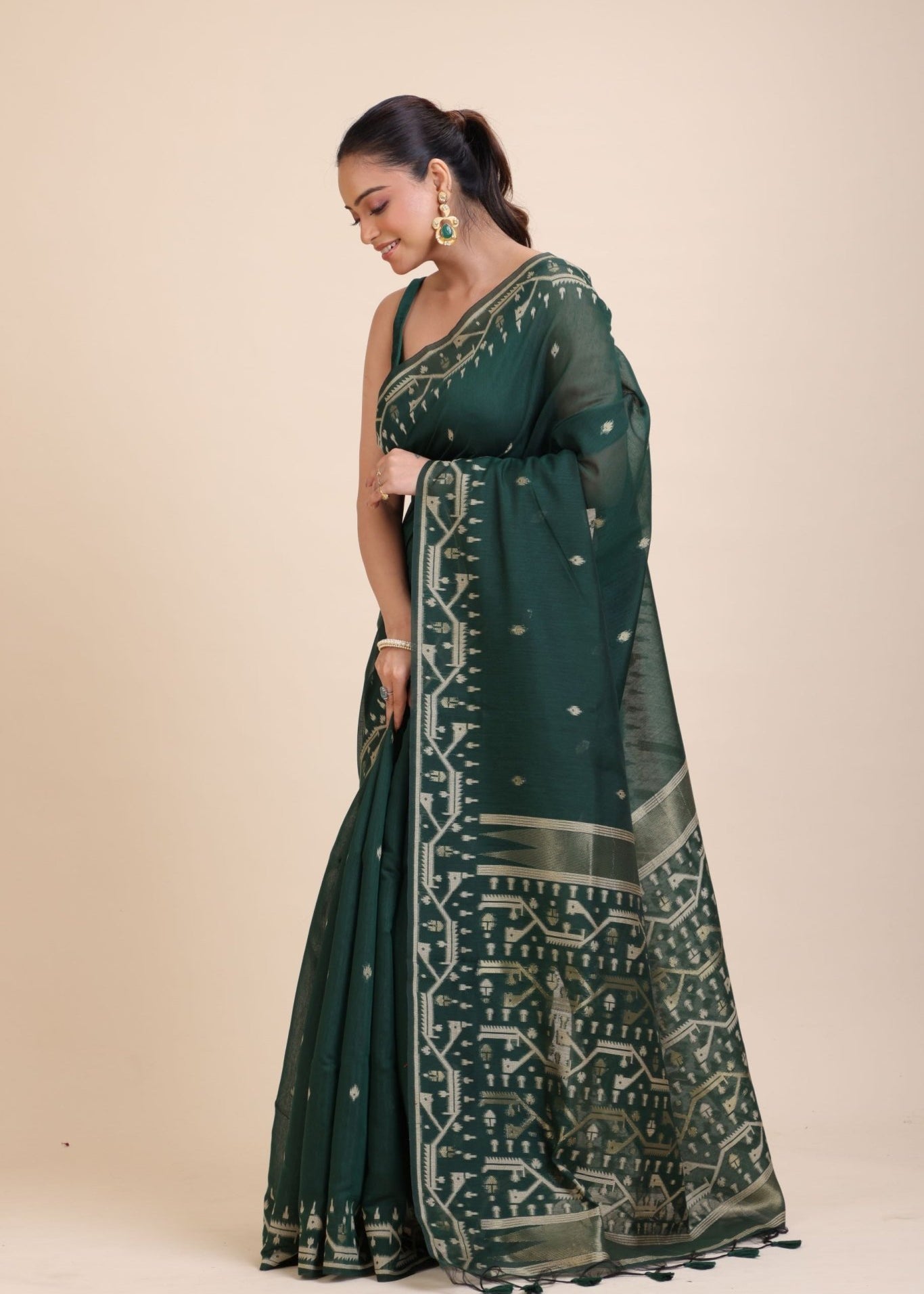 Bottle Green Cotton Jamdani Saree - Anvi Couture