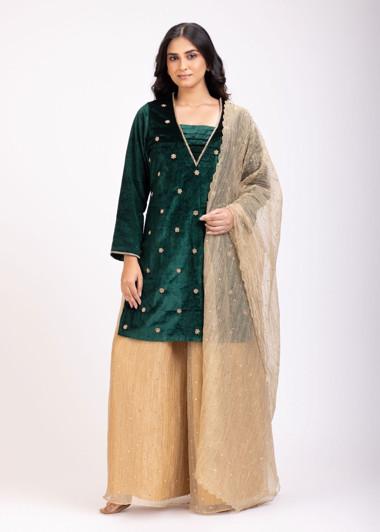 Bottle Green Full Sleeves Sharara Suit Set - Anvi Couture