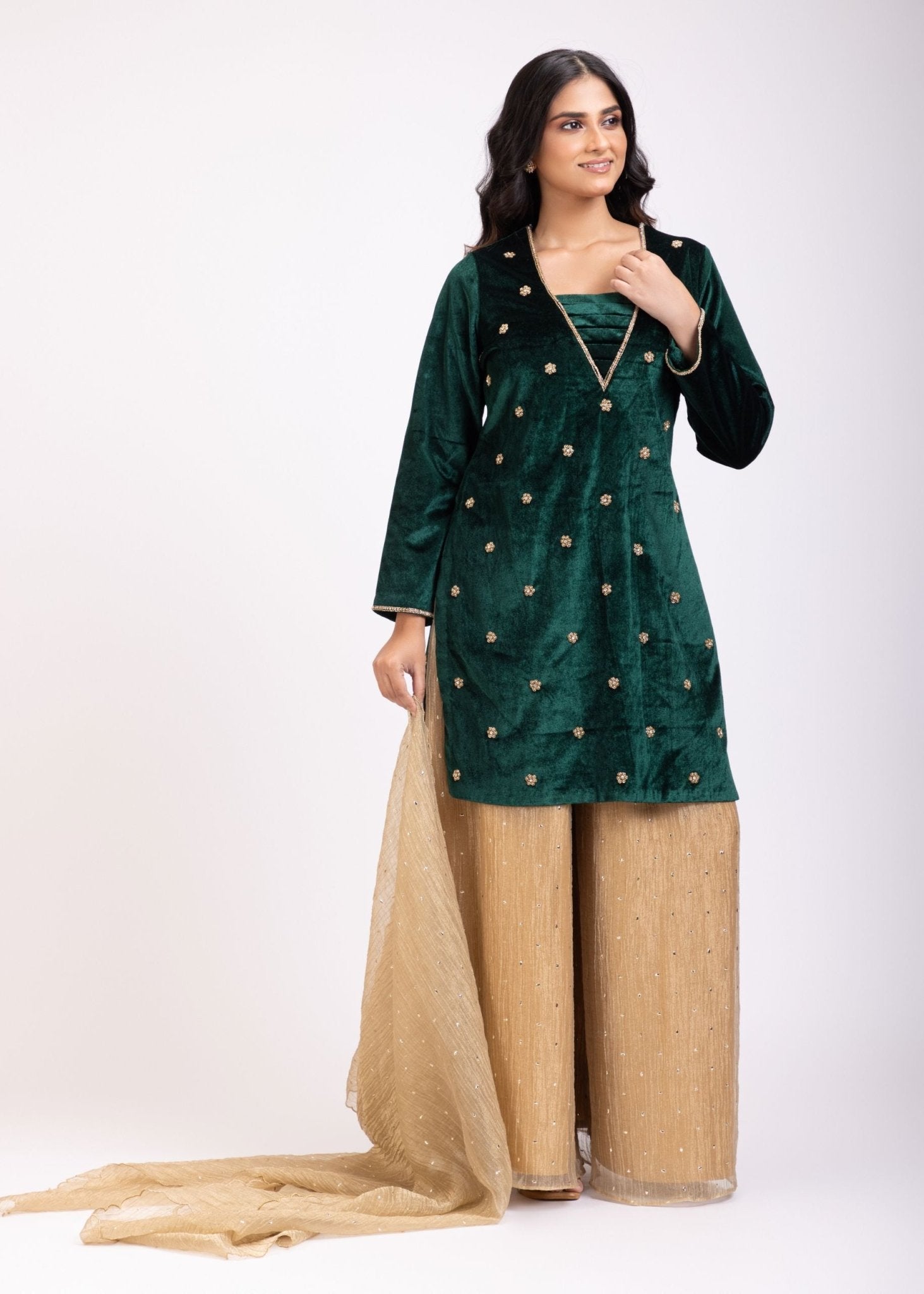 Bottle Green Full Sleeves Sharara Suit Set - Anvi Couture