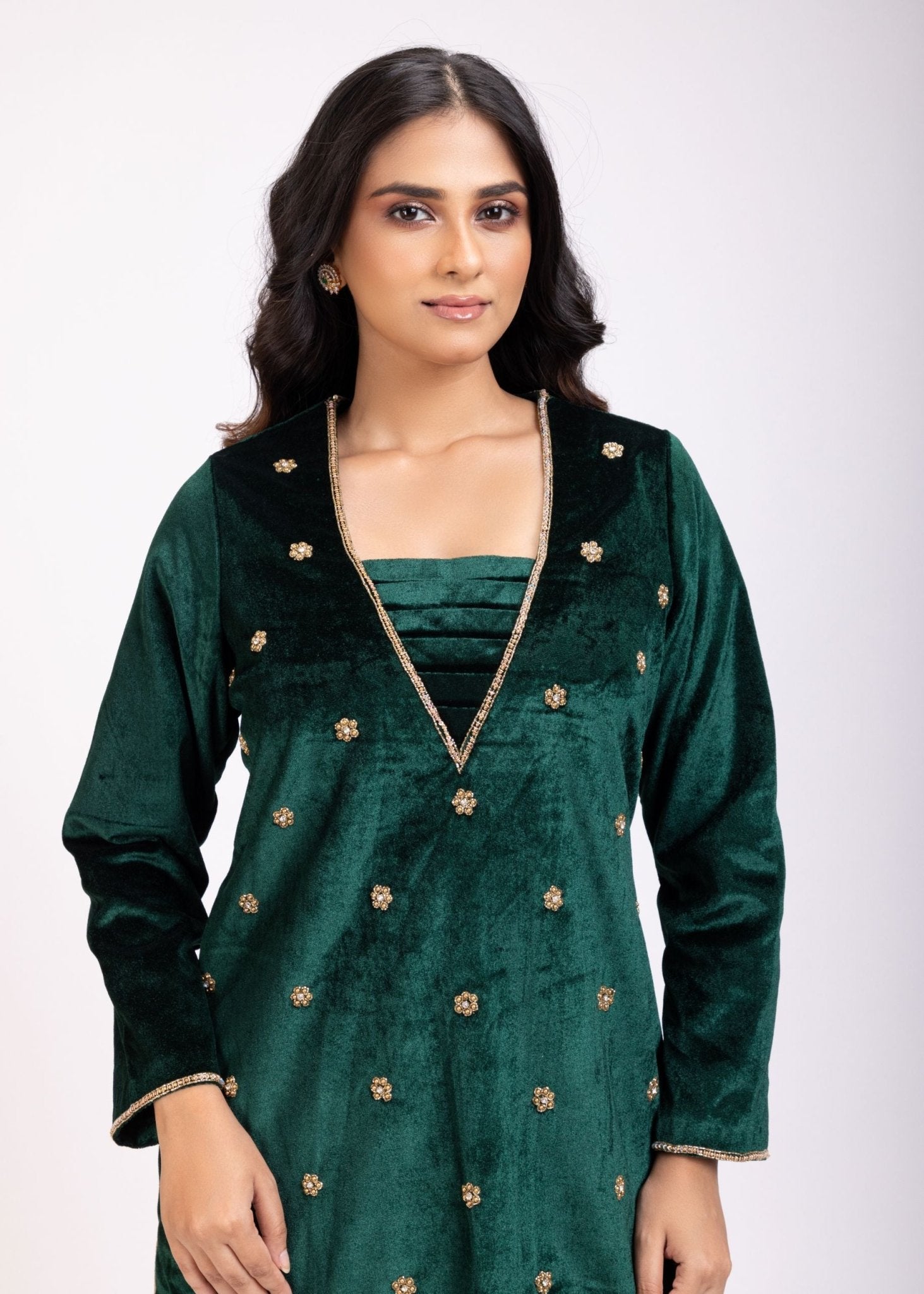 Bottle Green Full Sleeves Sharara Suit Set - Anvi Couture