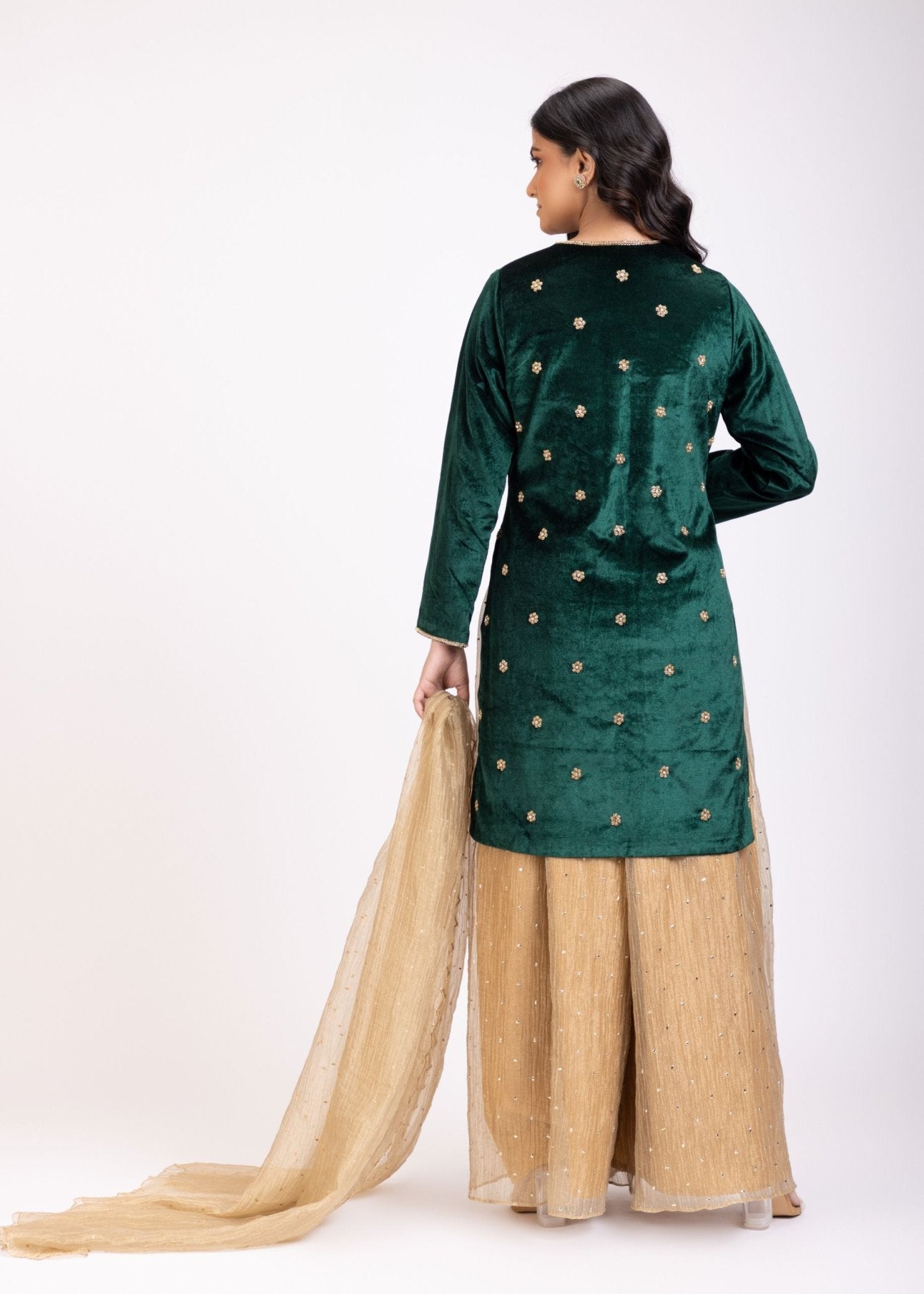 Bottle Green Full Sleeves Sharara Suit Set - Anvi Couture
