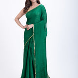Bottle Green Pure Chiffon Saree with Golden Border Full
