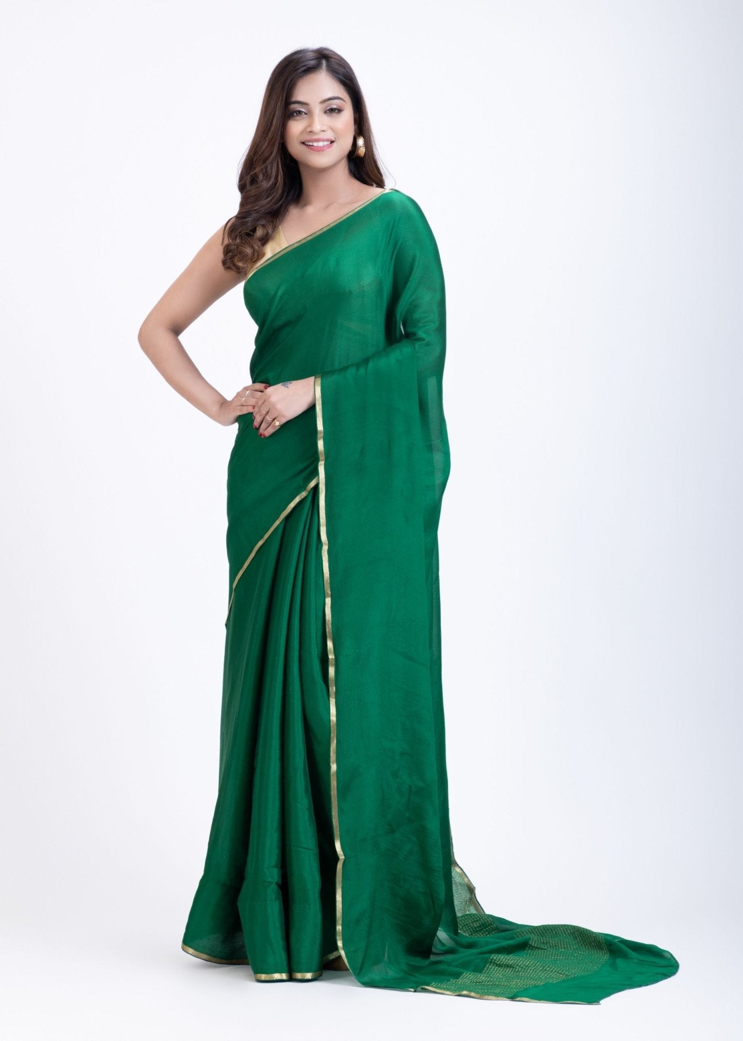 Bottle Green Pure Chiffon Saree with Golden Border - Anvi Couture