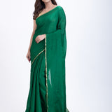 Bottle Green Pure Chiffon Saree with Golden Border Front
