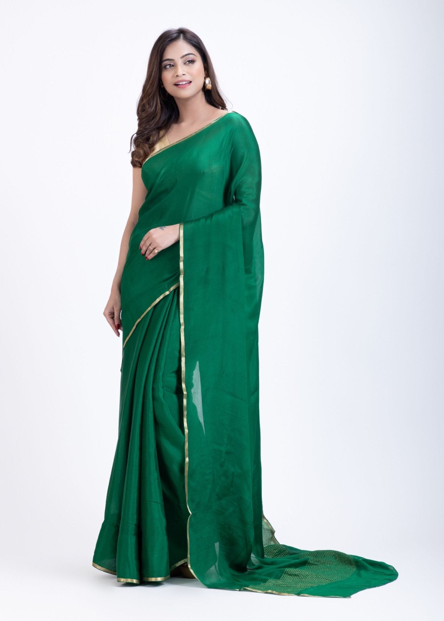 Bottle Green Pure Chiffon Saree with Golden Border - Anvi Couture