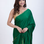 Bottle Green Pure Chiffon Saree with Golden Border Close Up

