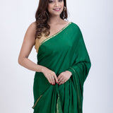 Bottle Green Pure Chiffon Saree with Golden Border Close Up
