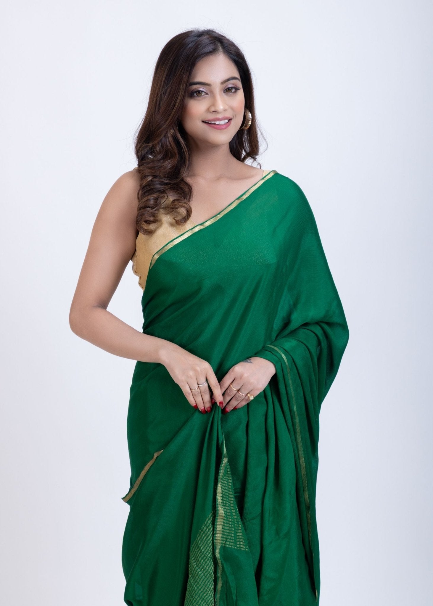 Bottle Green Pure Chiffon Saree with Golden Border - Anvi Couture