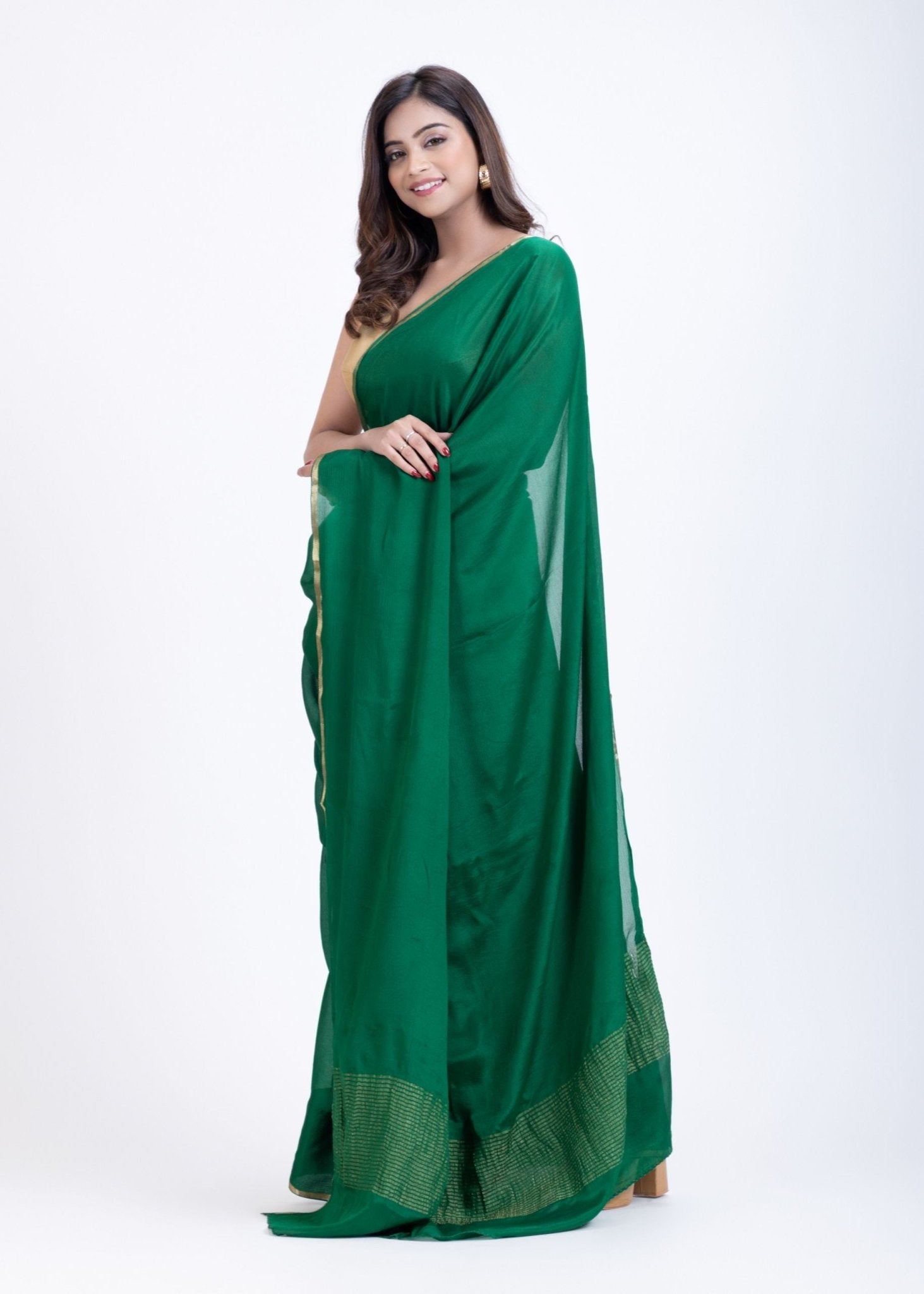 Bottle Green Pure Chiffon Saree with Golden Border - Anvi Couture