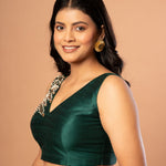Bottle Green Raw Silk Blouse with Hand Embroidered Work - Anvi Couture