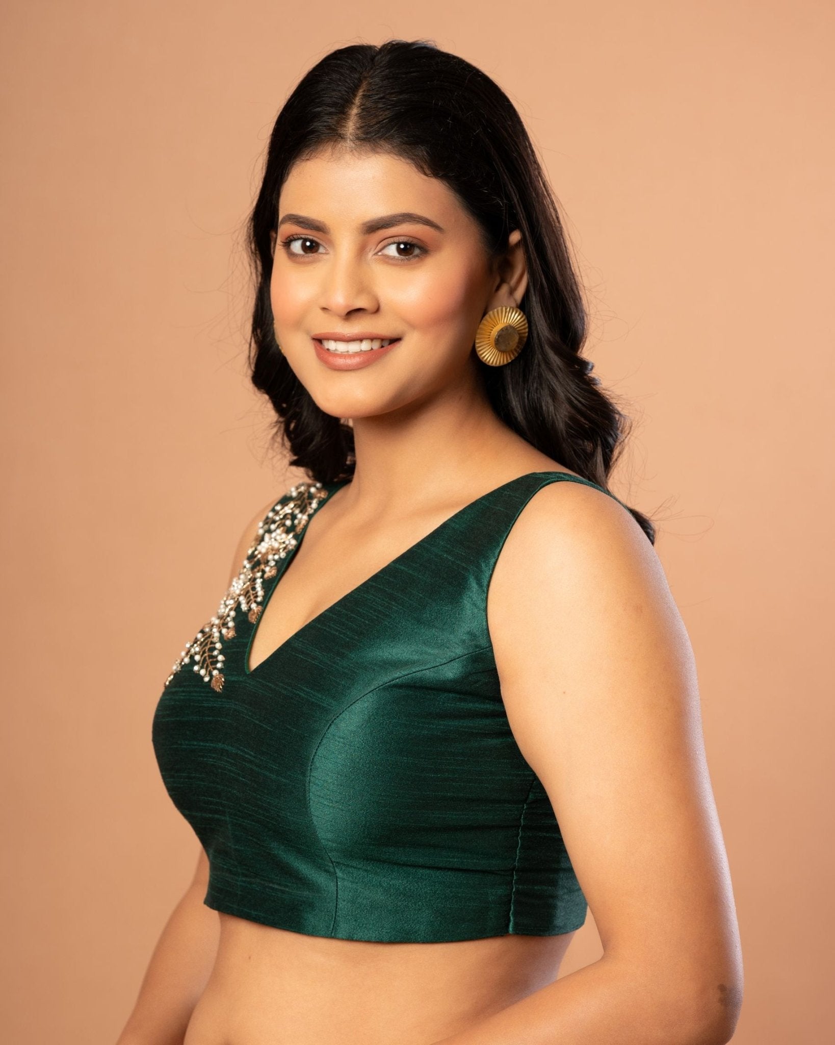 Bottle Green Raw Silk Blouse with Hand Embroidered Work - Anvi Couture