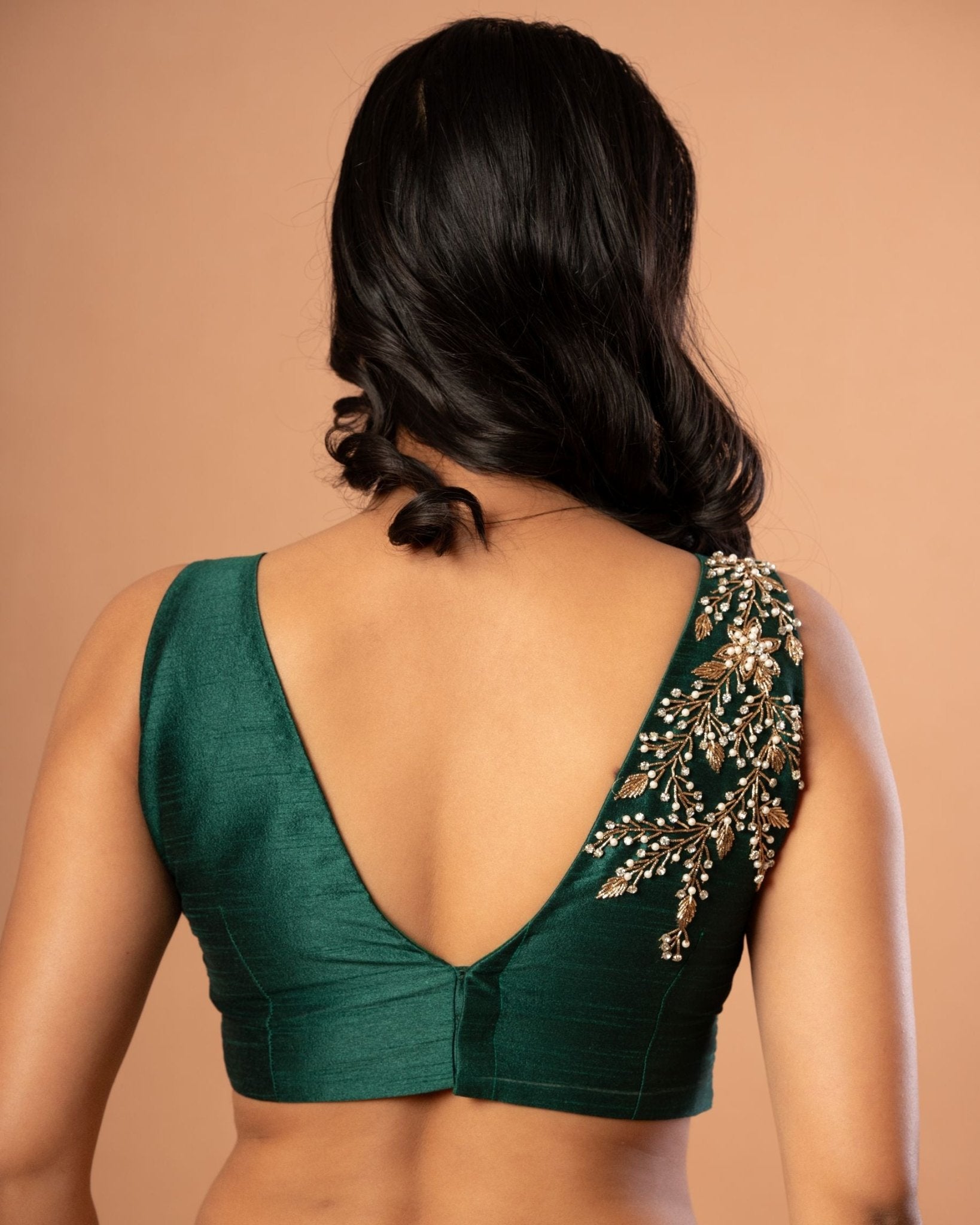 Bottle Green Raw Silk Blouse with Hand Embroidered Work - Anvi Couture