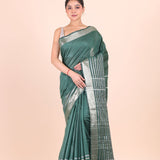 Bottle Green Silk Handloom Saree With Silver Woven Border Full View