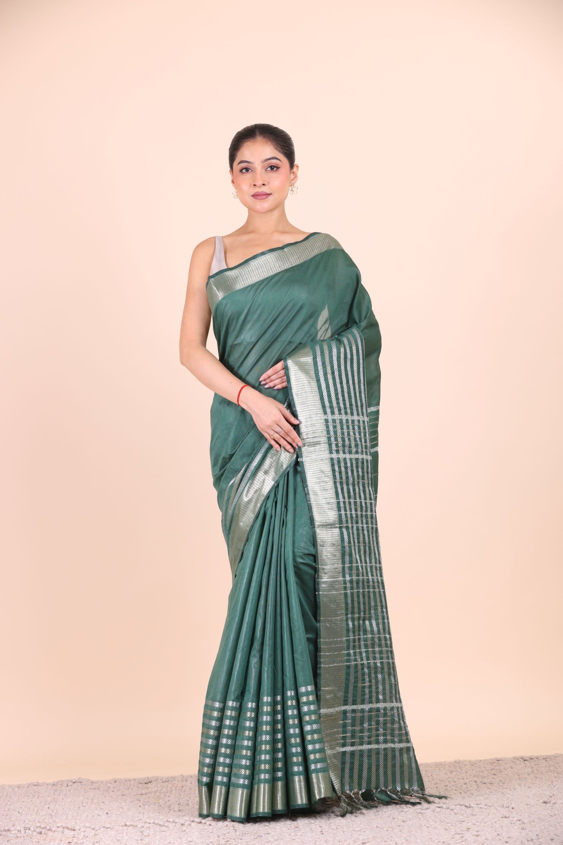 Bottle Green Silk Handloom Saree With Silver Woven Border Full View