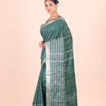 Bottle Green Silk Handloom Saree With Silver Woven Border Side View