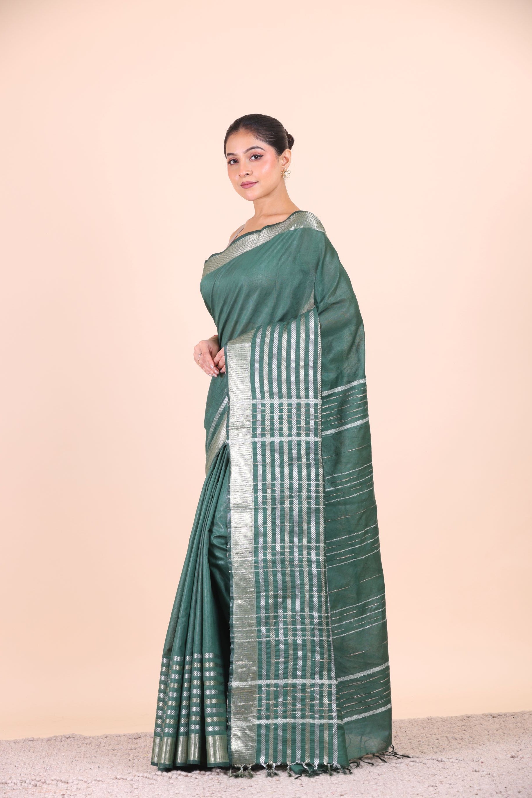 Bottle Green Silk Handloom Saree With Silver Woven Border Side View