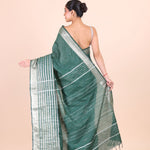 Bottle Green Silk Handloom Saree With Silver Woven Border Back View