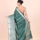 Bottle Green Silk Handloom Saree With Silver Woven Border Back View