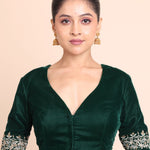 Bottle Green Velvet V Neck Blouse with Floral Embroidered Work full